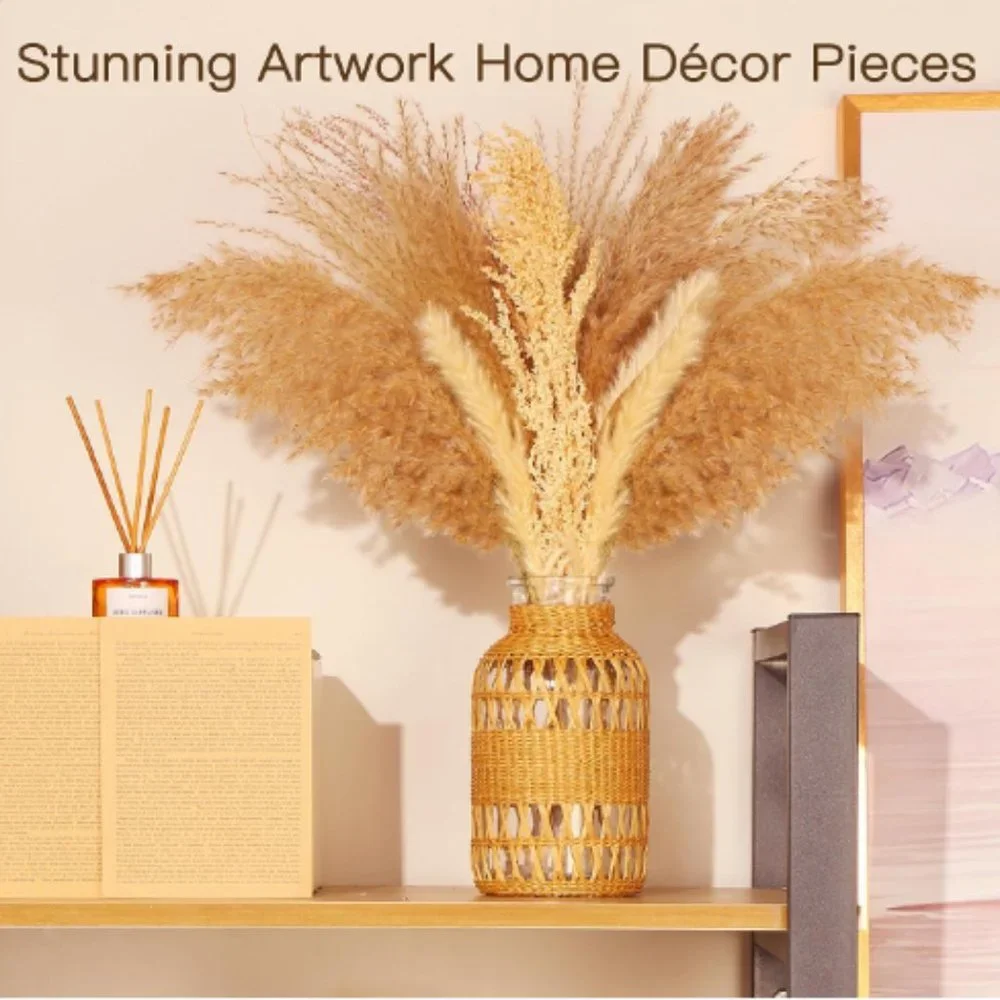 Rustic Farmhouse Vase - Hand Woven Rattan Glass Vase - Dried Pampas Flower Vase